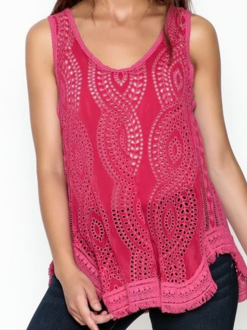 Johnny Was Pomegranate Pink Eyelet Crochet Tank
